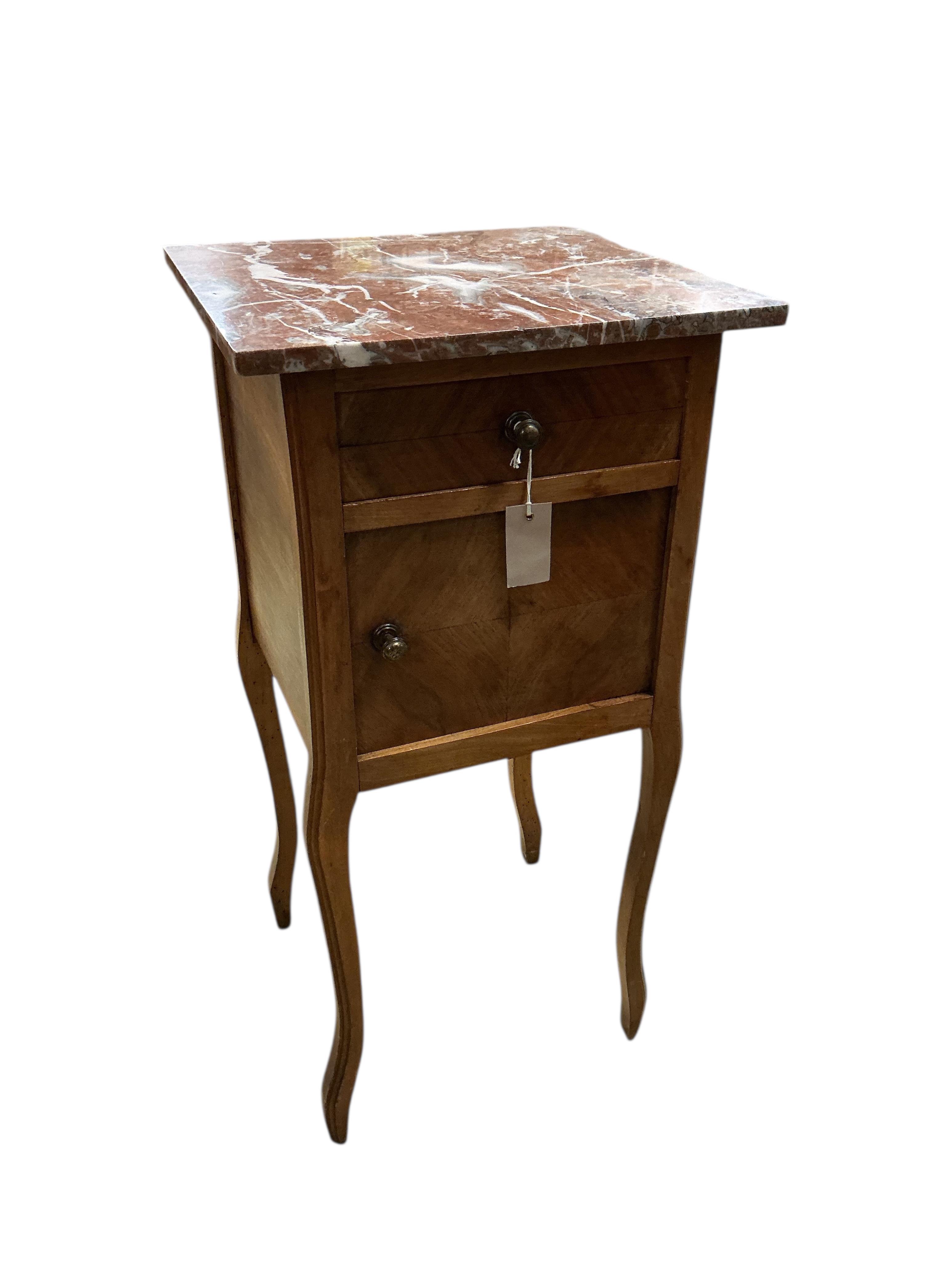 A pair of French walnut marble top bedside cabinets, width 39cm, depth 37cm, height 80cm